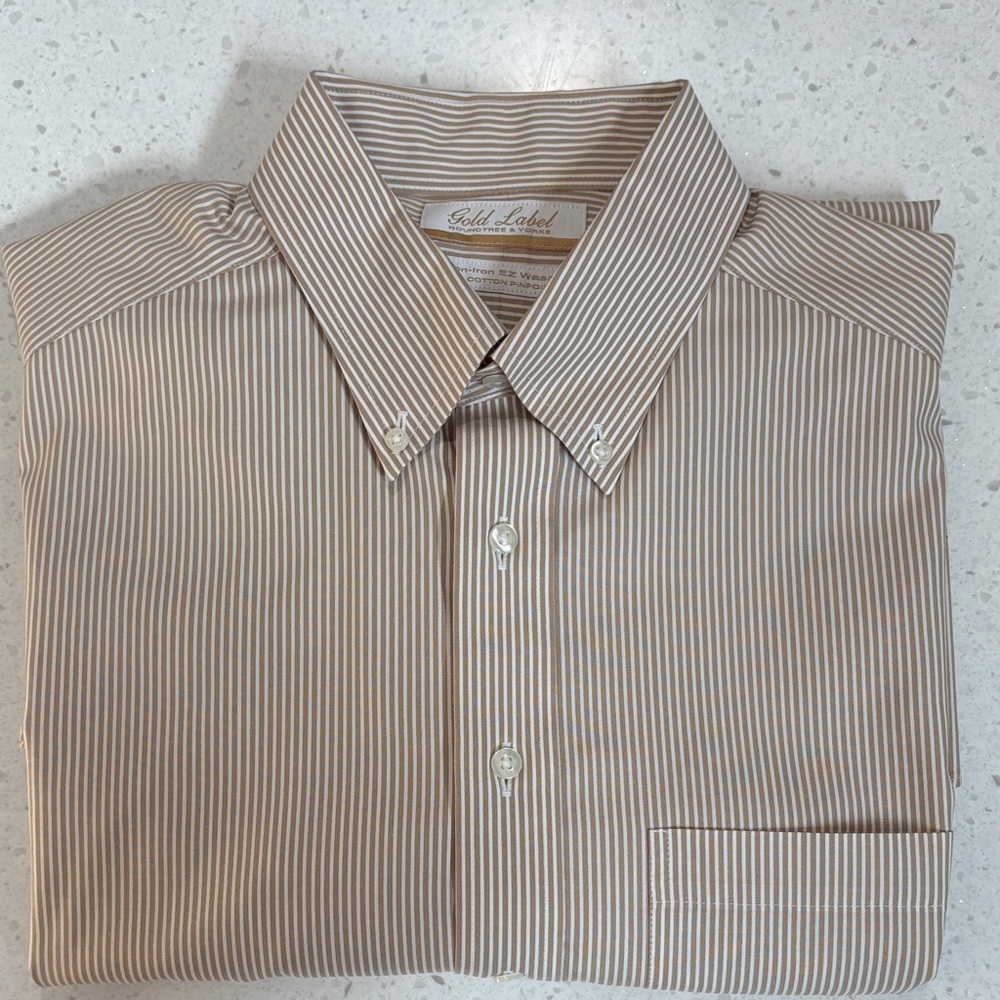 Roundtree & Yorke Tan and White Striped Dress Shirt
